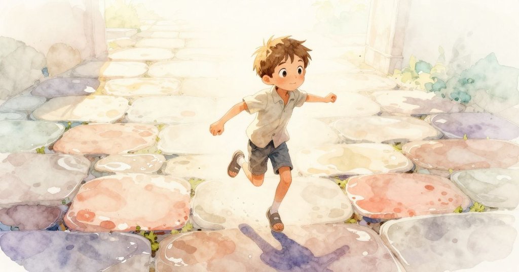 拉菲在庭院中快樂跳躍，濕潤石板反映晨光，小水池和獨特靴印增添夢幻氣氛。