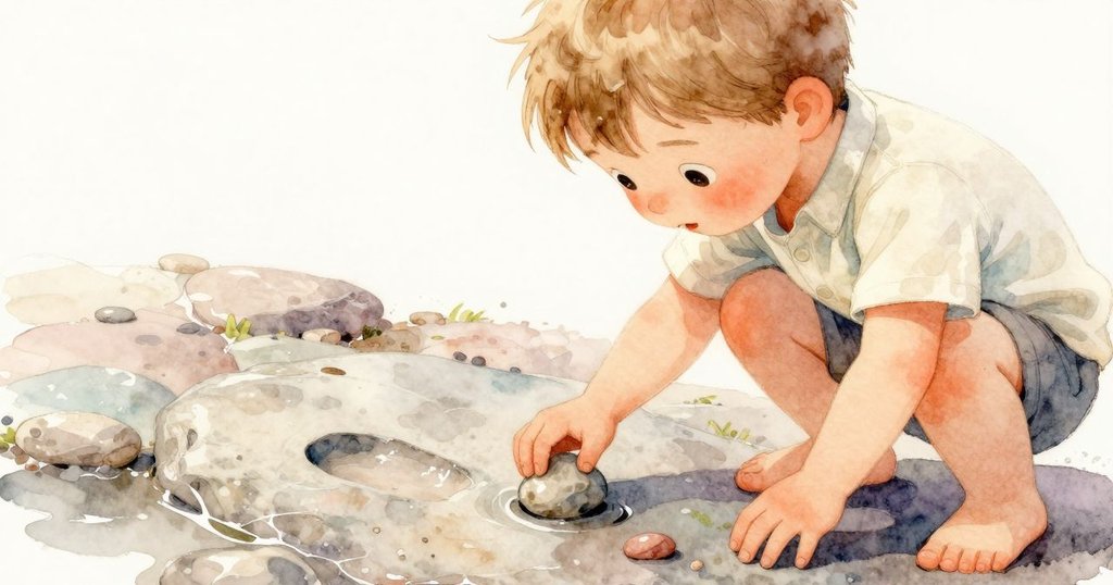 拉菲專注地從濕潤石板上拾取平滑小石，細膩光影映出靴印與水漣，傳遞細膩情感。