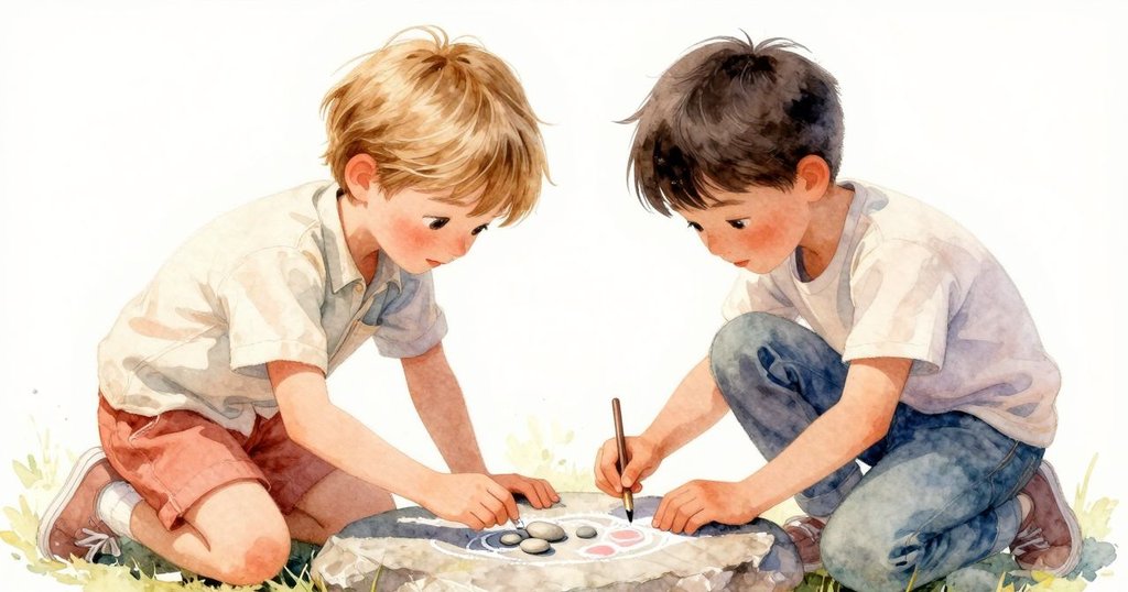 拉菲放置小石，巴西爾蹲於溫石上用粉筆描繪水路，兩人默契協作，情景充滿溫暖活力。