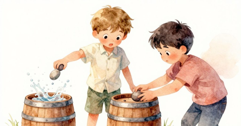 拉菲與巴西爾迅速放置第三顆石，水滴迸發微光撞擊木桶，動態瞬間定格於晨曦中，氣氛緊湊。