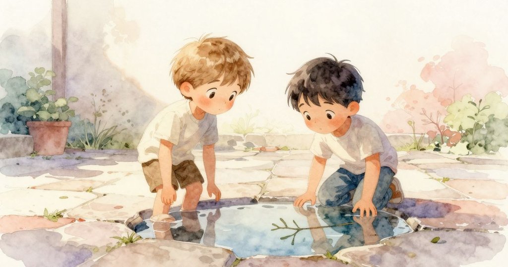 拉菲與巴西爾望向平靜水池，樹枝映出清晰倒影，庭院恢復安寧，晨光柔和流瀉全場。