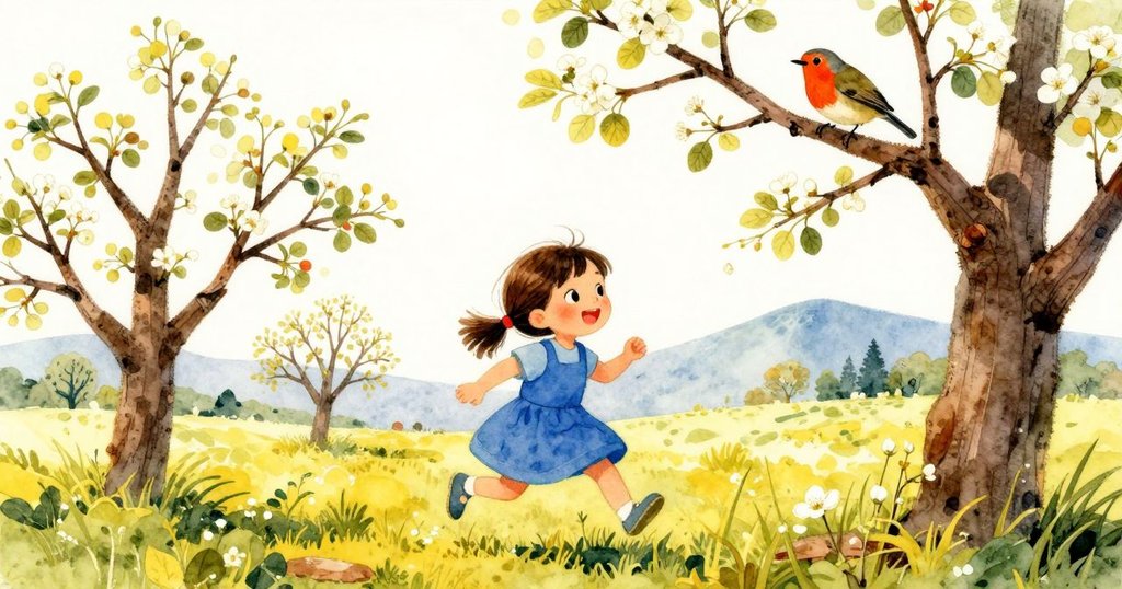 Verity走進果園, 小知更鳥從樹枝飛出, 陽光明媚, 果園廣闊, 心情愉快, 敘事開頭場景