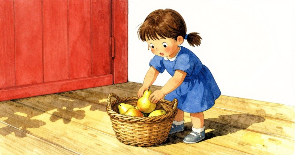 Verity靠近分揀桌, 手提藤籃, 桌面上梨果滾動, 陽光斑駁, 細膩互動, 敘事發展中場景