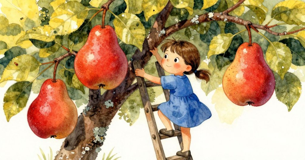 Verity爬梯子採梨, 梯子上有苔蘚細節, 紅梨在陽光中閃耀, 多層次構圖, 敘事轉折場景