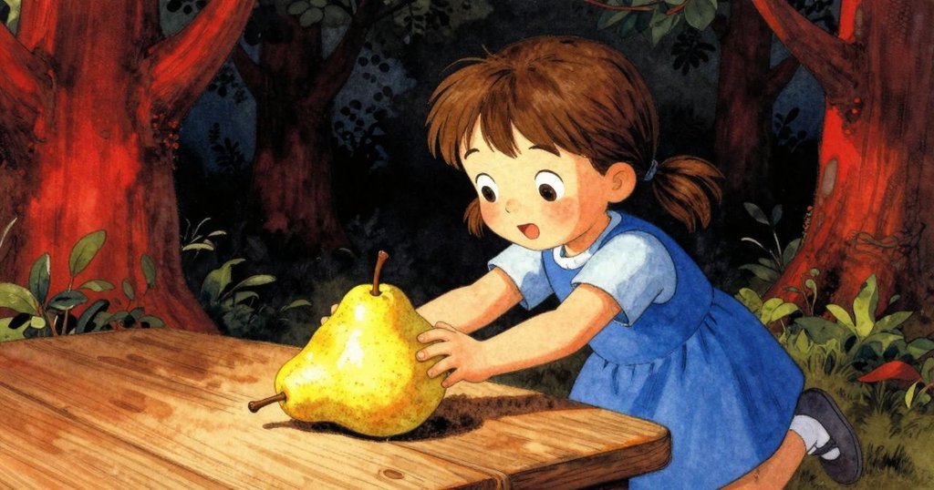 Verity在隱蔽角落輕推滾動梨果, 靠近舊桌, 旁邊水龍頭滴水, 氣氛安靜, 敘事神秘中場景