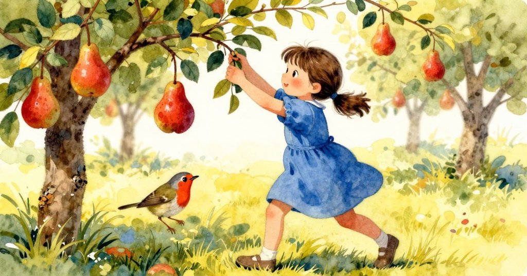 Verity迅速扭轉下垂樹枝, 紅梨隨之擺動, 小知更鳥跳躍, 動感十足, 敘事高潮場景