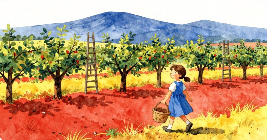 Verity帶著空籃子走在廣闊果園中, 撿起落梨, 遺棄梯子與遠山襯托出寬闊景致, 敘事結局場景