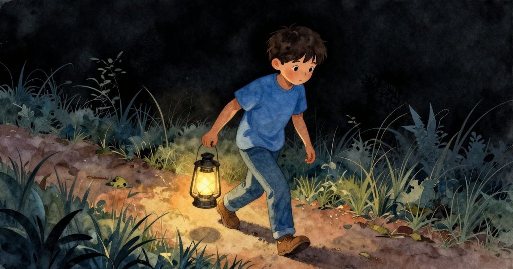 Grey踏著溫暖光影草地，穩步攜燈籠前行，腳步印證進展，場景充滿希望與堅定意志