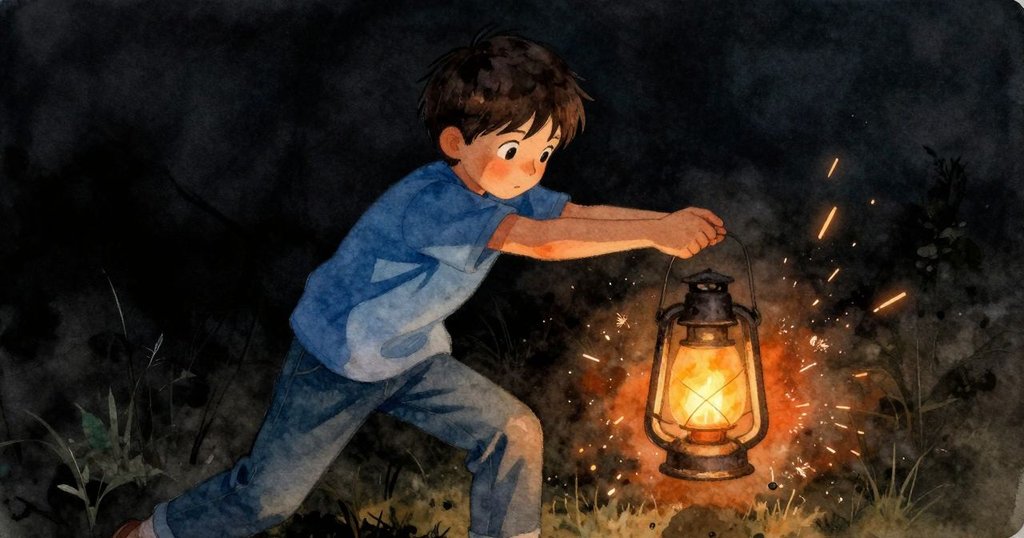 在燈籠搖晃中，Grey緊握支撐，其神情透露焦急與決心，火花四散顯示緊張時刻