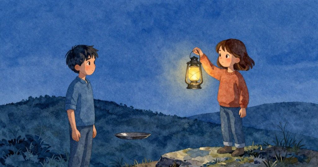 燈籠穩定升空穿越藍深天際，遠山剪影中金屬托盤靜臥石上，象徵旅程圓滿與未來希望