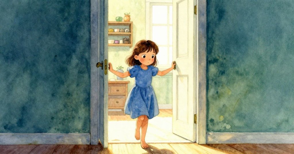 艾拉走進溫馨房間, 透過開放門口, 看見覆著灰塵的種子架及窗台上的知更鳥, 神情充滿期待與好奇