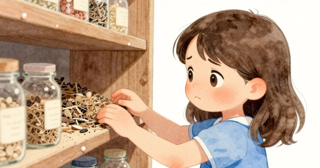 艾拉面部特寫, 專注尋找失蹤的銀盒, 輕撫灰塵覆蓋的架子, 表情顯露疑惑與認真