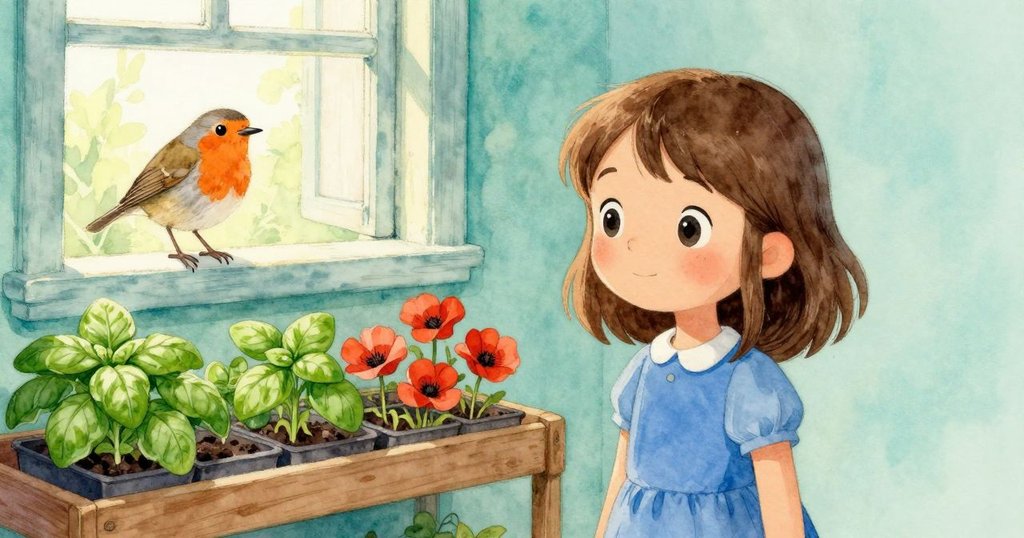 從艾拉視角, 看見濕潤混雜的羅勒與罌粟種子盤, 窗台上知更鳥警覺四周, 光線柔和溫暖