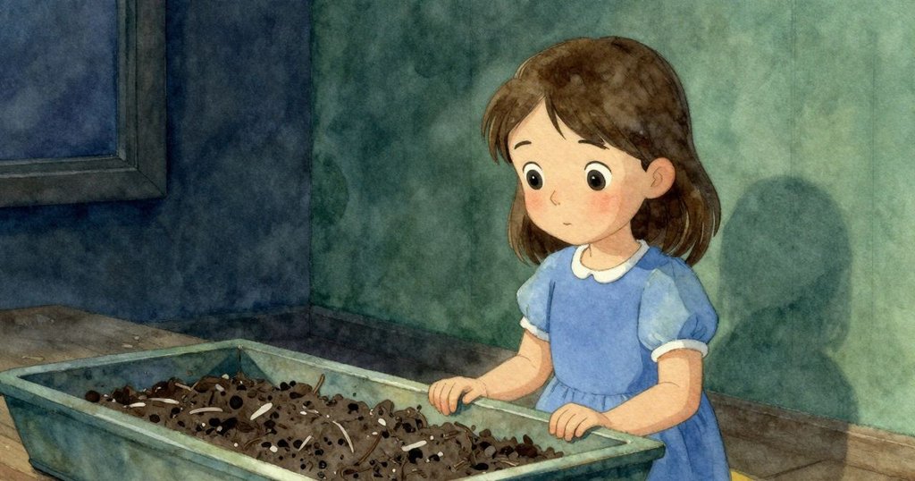 艾拉回憶往昔春日整齊盤面, 現在種子混亂與記憶重疊, 淡藍與綠色交織, 心中充滿溫暖回憶