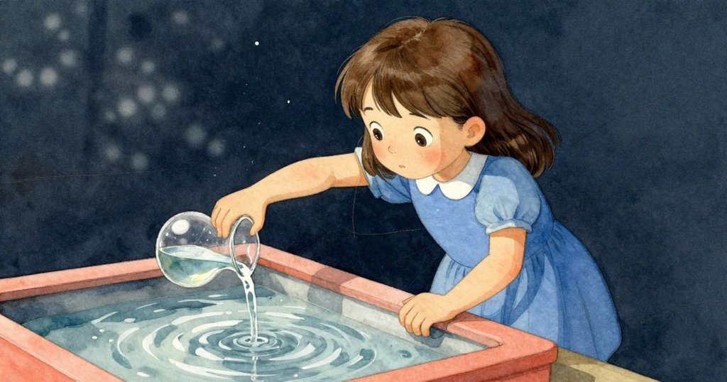 艾拉目光凝視, 在玻璃瓶輕碰後水波影響種子排列, 微水滴滑落, 氣氛稍顯緊張與期待