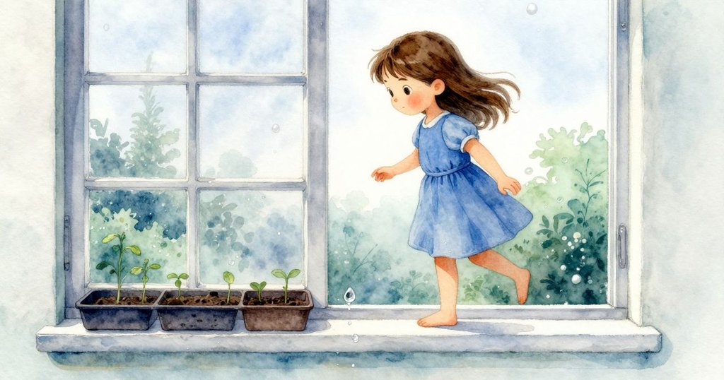 艾拉走向開門處, 窗台上盤子在陽光斑駁中整齊排列, 水滴輕落刻痕, 預示持續冒險與未完故事