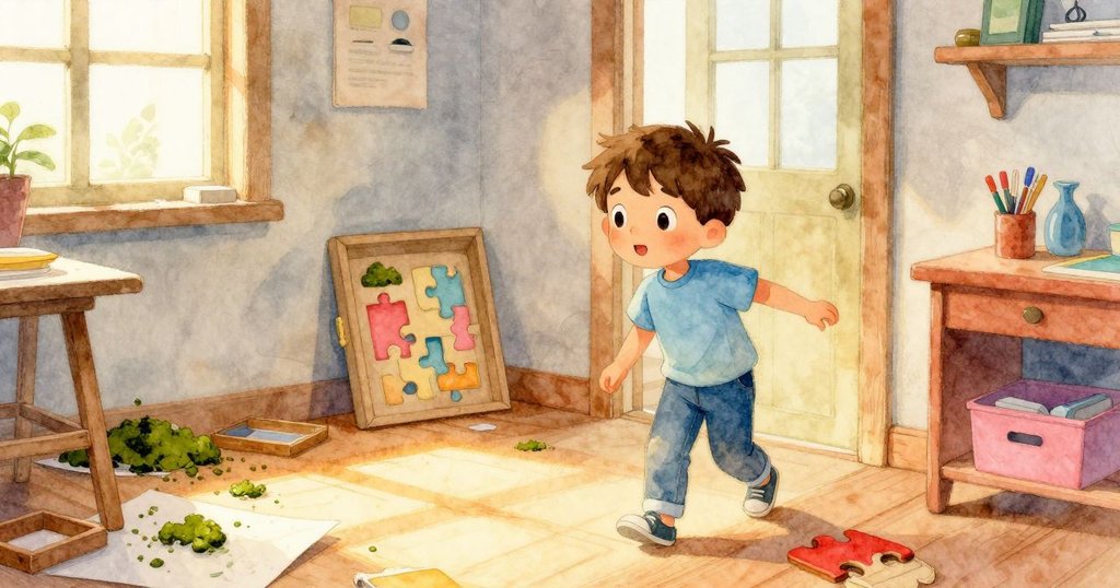 加納走進充滿晨光的工藝室，他注意到桌上濕報紙與模糊的蕨葉印記，場景充滿創作氣息