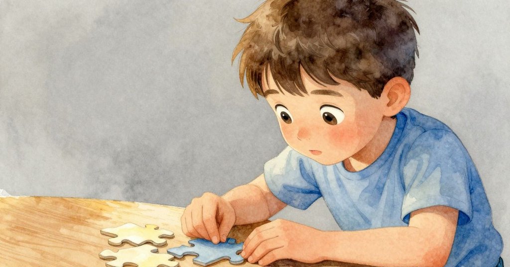 加納專注地觀察鹿形拼圖，眼神堅定，手指輕觸光滑的淡色山毛櫸木塊，細節豐富