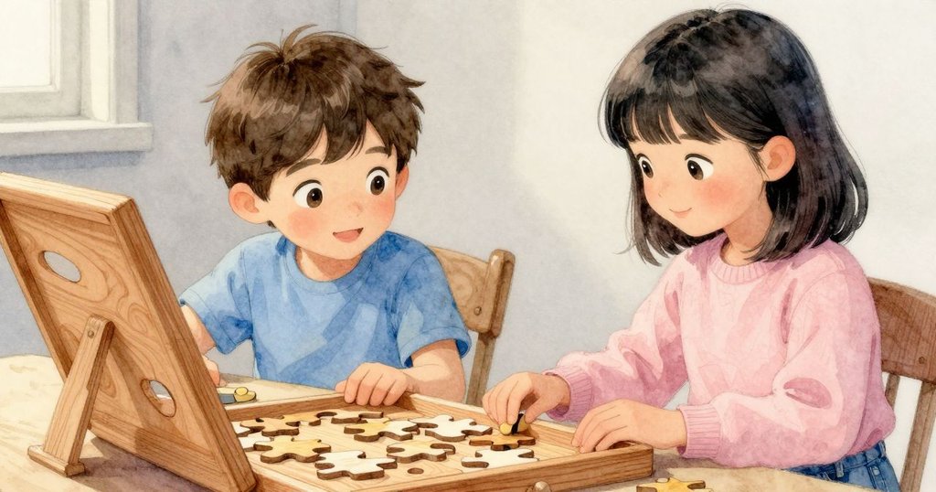 桌上拼圖盤邊靠著濃墨墊，桌腳微晃，拼圖塊在重力作用下徐徐落下，情景精妙