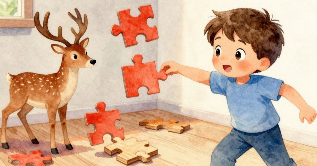 加納動作迅速旋轉並輕敲鹿形拼圖，臉上表情混合堅持與俏皮，周圍木拼圖塊隨之移動