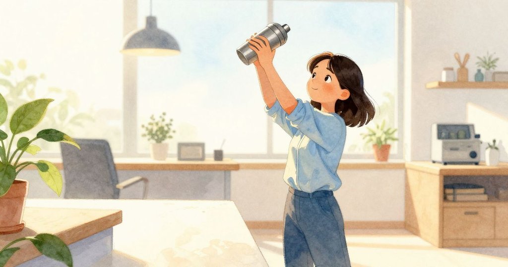 瑞雅專注舉起鋼灰色搖瓶,背景為現代化工作台和設備,室內充滿溫暖早晨光線,呈現忙碌氛圍