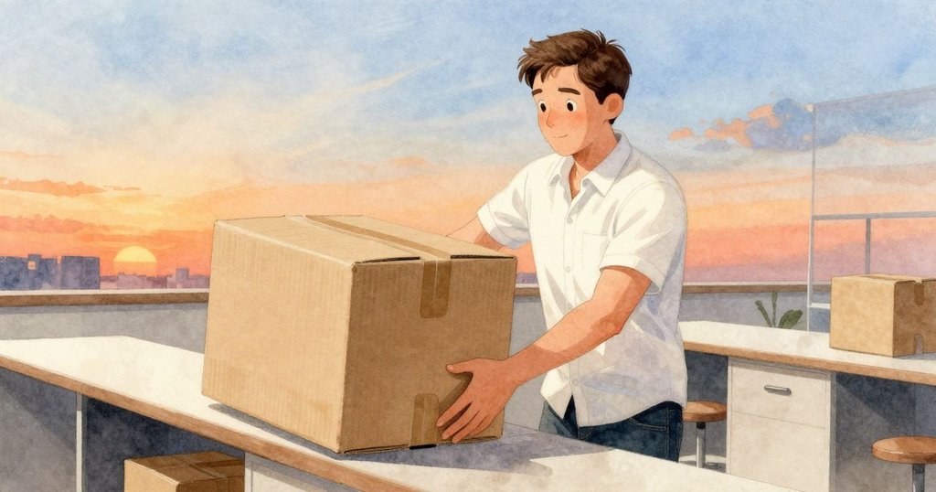 凱恩輕步走來並滑動紙箱至櫃台邊緣,背景呈現工業風格設備,室內燈光溫暖,氣氛流動