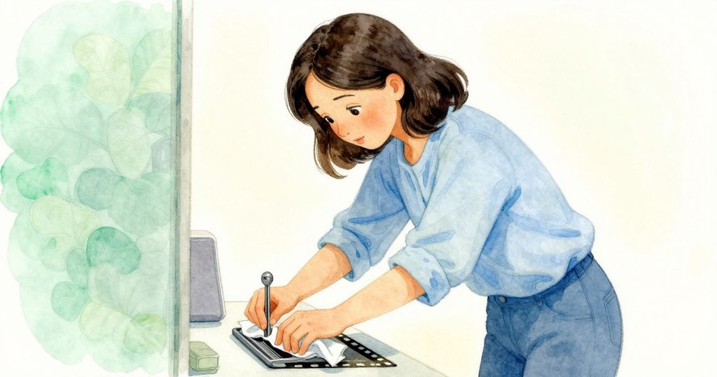 瑞雅側身調整封蓋桿並用布擦拭薄膜,鏡頭以傾斜角度捕捉她專注神情和機器細節,室內溫暖光線