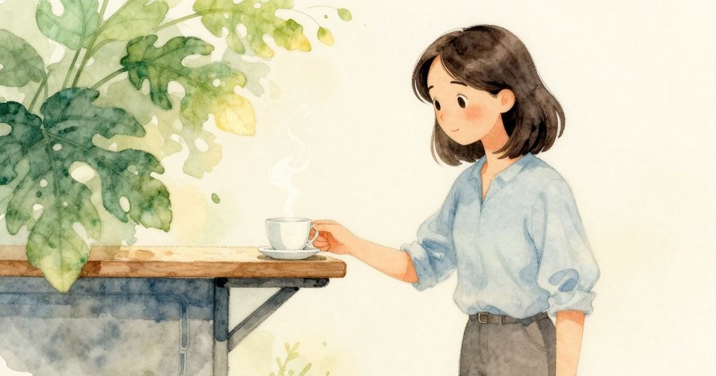 瑞雅小心將冒著輕微蒸汽的成品杯擺上櫃台,室內光線柔和,展現靜謐時刻和工作完成的成就感