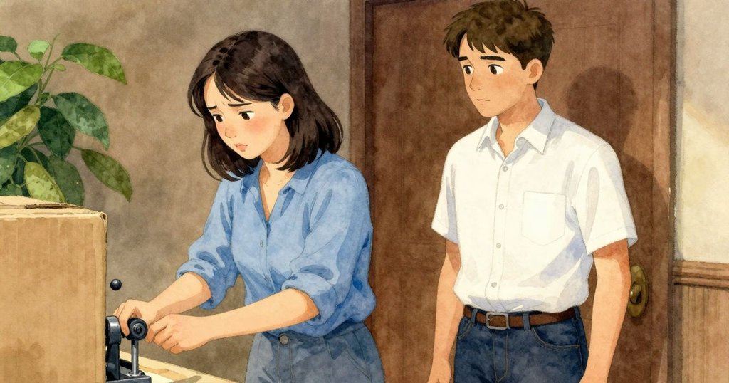 瑞雅神情緊張地調整機器封蓋桿,凱恩在後協助穩定,背景細節凸顯工作壓力,室內燈光明亮有力