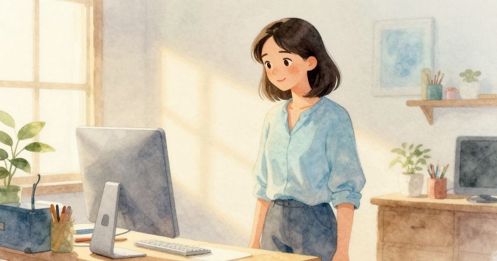 瑞雅面帶微笑站於室內工作空間,柔和黃昏光線落下,工作環境整潔,展現挑戰過後的寧靜與滿足