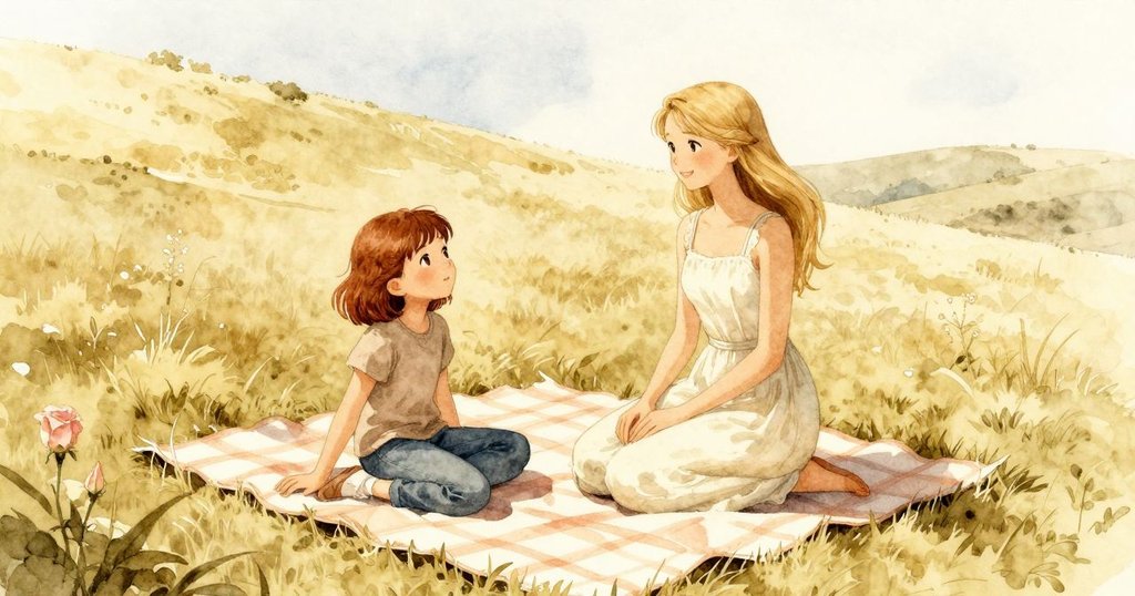 Kit 與 Lyra 的剪影站在斜坡野餐墊上，籃子與大石沐浴於明亮陽光中，呈現充滿溫暖與期待的開端。