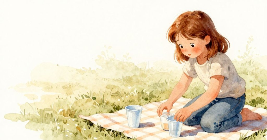 Kit聚精會神地擺放塑膠杯，野餐墊上留有廣闊空白，展現柔和光影與認真動作。