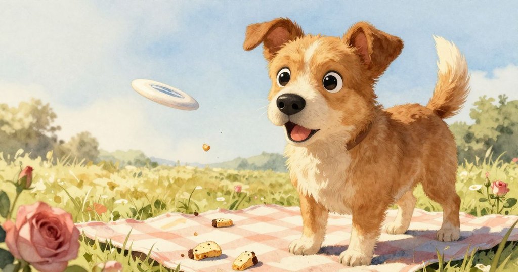 狗狗視角捕捉到野餐墊上散落的麵包屑與遠處飛盤，呈現興奮好奇的情緒與溫暖光影。