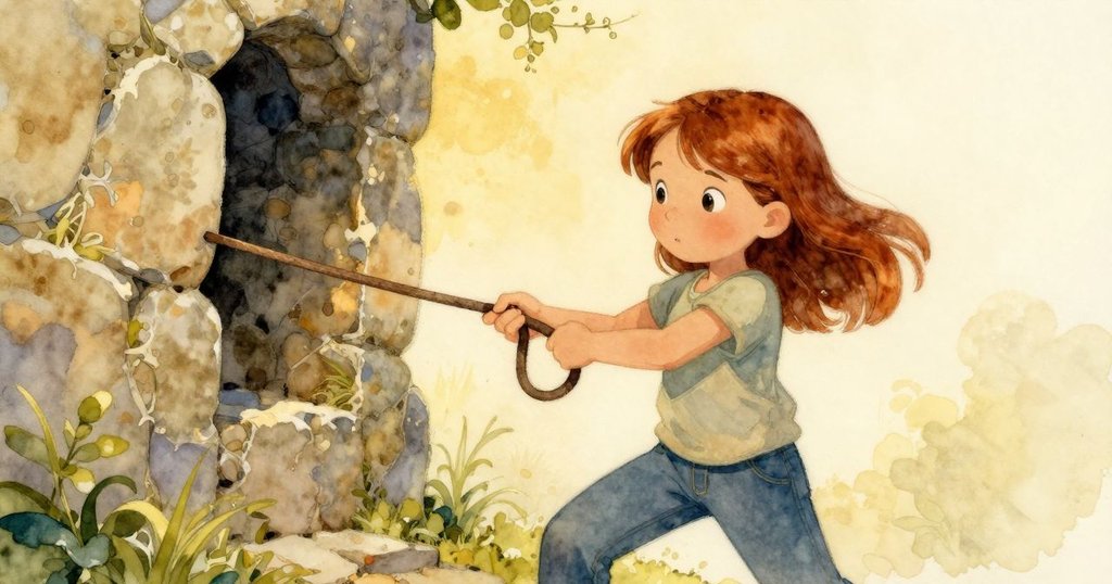 Kit果斷將繩索穿過石塊缺口，穩固下移的野餐籃，隨著時光流轉展現決心與動態風勢。