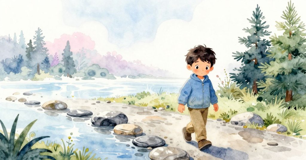 克萊德踏上彎曲小徑，輕觸濕潤石板，表情平靜，準備觀察傾斜雨量器，背景庭院展現溫暖氛圍