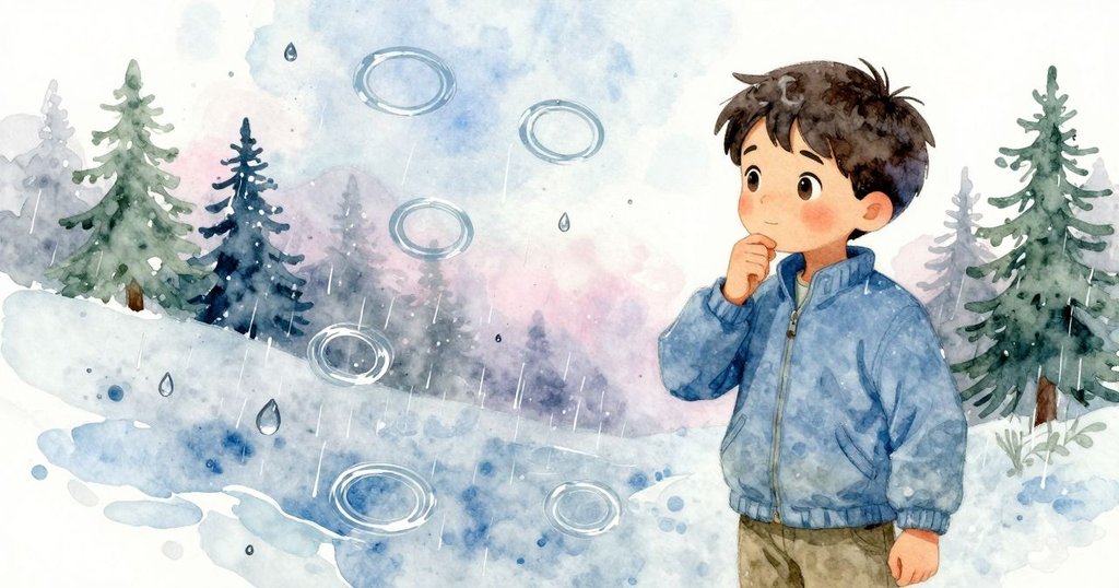 突然細雨中，雨滴在傾斜雨量器上形成奇妙環狀圖案，克萊德驚嘆觀察，氛圍充滿詭異幾何感