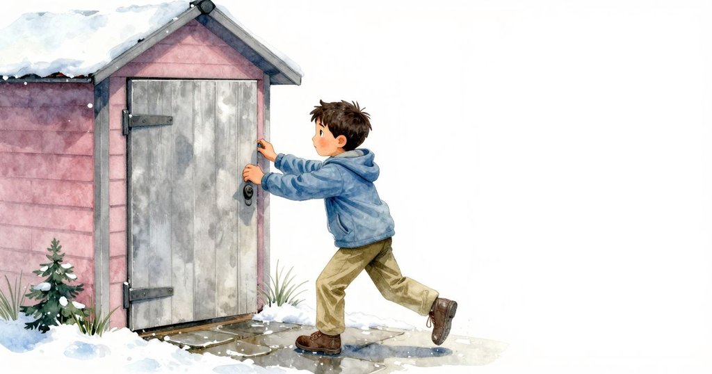 克萊德急忙奔過滑潤石板，專注關閉搖晃棚門，臉上流露焦慮與決心，瞬間畫面緊張