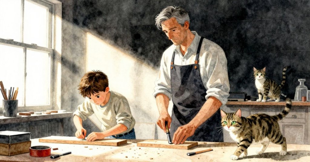 迪恩與老師在工坊忙碌，窗外陽光灑落，花貓輕步窗台上，展現故事開端的明亮與活力