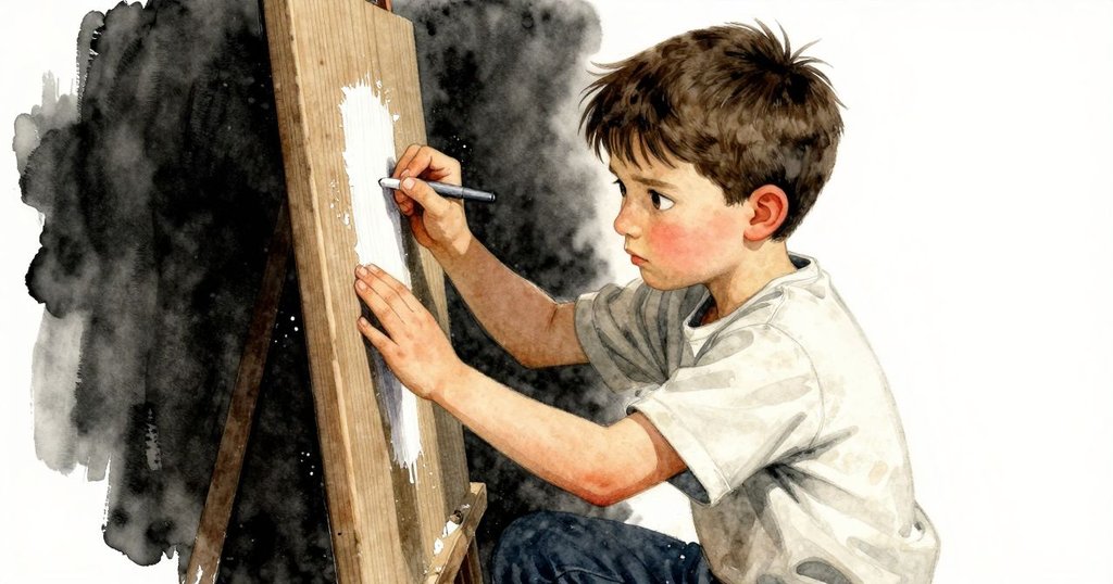 迪恩專注於木板上塗膠，細微粉塵在光中漂浮，呈現工藝細節及工作的認真態度