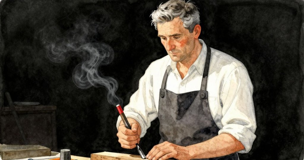 老師聚精會神敲打凿子，木屑隨光舞動，細膩展示工坊中工具與材質的層次感