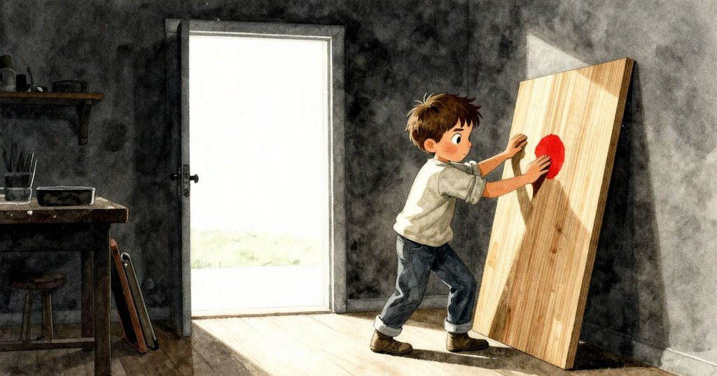 迪恩用力按壓木板，工坊內外光線交融，開啟的門引入涼爽光線，穩固工藝進程的瞬間展現