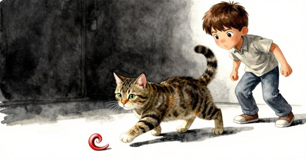 花貓輕盈追逐旋轉木屑，迪恩滿意注視，此工坊充滿希望與活力，展現創作圓滿收尾