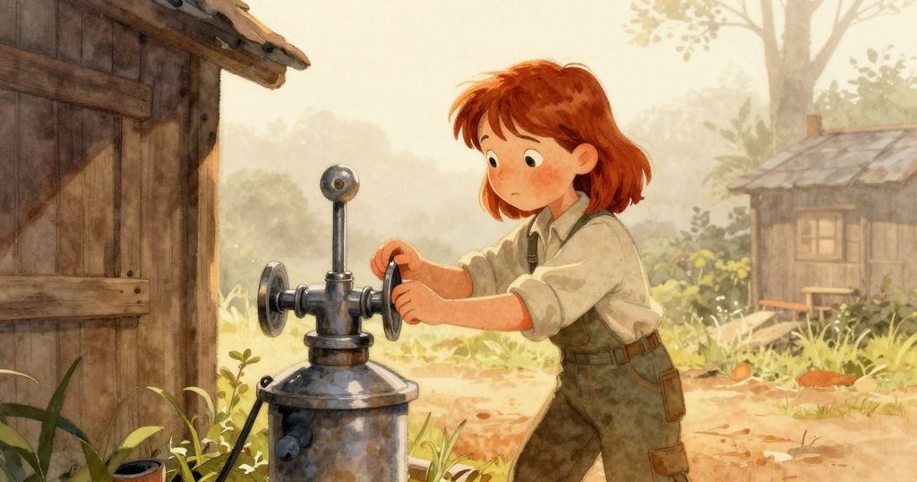 在清晨薄霧中，Greer 正細心調整通風口的鋼製圓筒，棚內溫暖光線柔和，呈現家庭工坊氛圍。