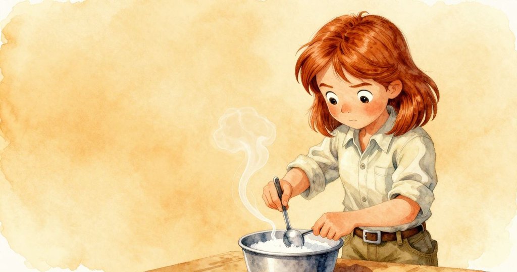 Greer 手持調匙，細看桌上糖漿中飄起的煙絲，背景留白突顯細緻工序，氛圍溫暖淡雅。