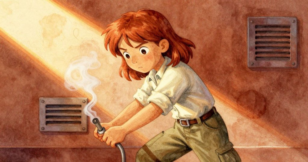 棚內光線斜射，煙霧與通風口呈現奇異幾何效果，Greer 正專注調控，營造出夢幻般的空間感。