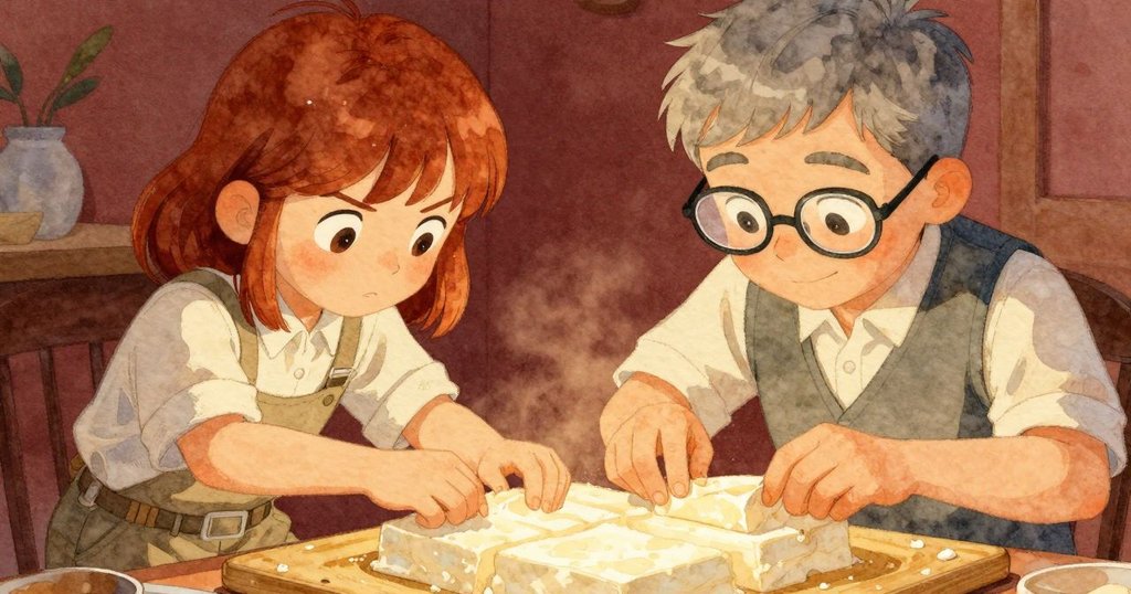 Harris 輕柔地提起層次分明的豆腐，Greer 將調匙放於糖盤上，溫暖光線中展現成功成果與滿足感。