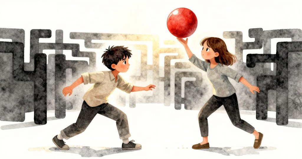 Rafael的剪影在明亮背景中站立，腳踏碎石手持搖晃的球，Bethan在後指引，戶外迷宮充滿期待與活力。