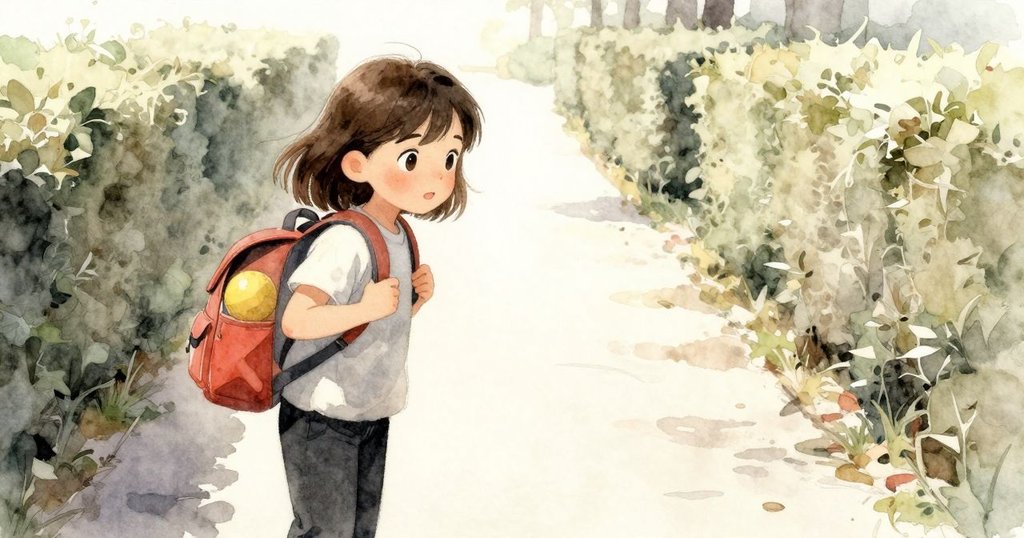 Bethan在陽光下打開背包，小心取出迷宮中拾回的黃色球，表情專注且溫柔，背景為狹窄小徑。