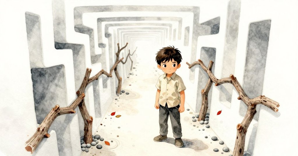 迷宮通道中呈現異想空間，彎曲的枝條搭成障礙，碎石與落葉散佈，Rafael專注操作，環境奇幻而動態。