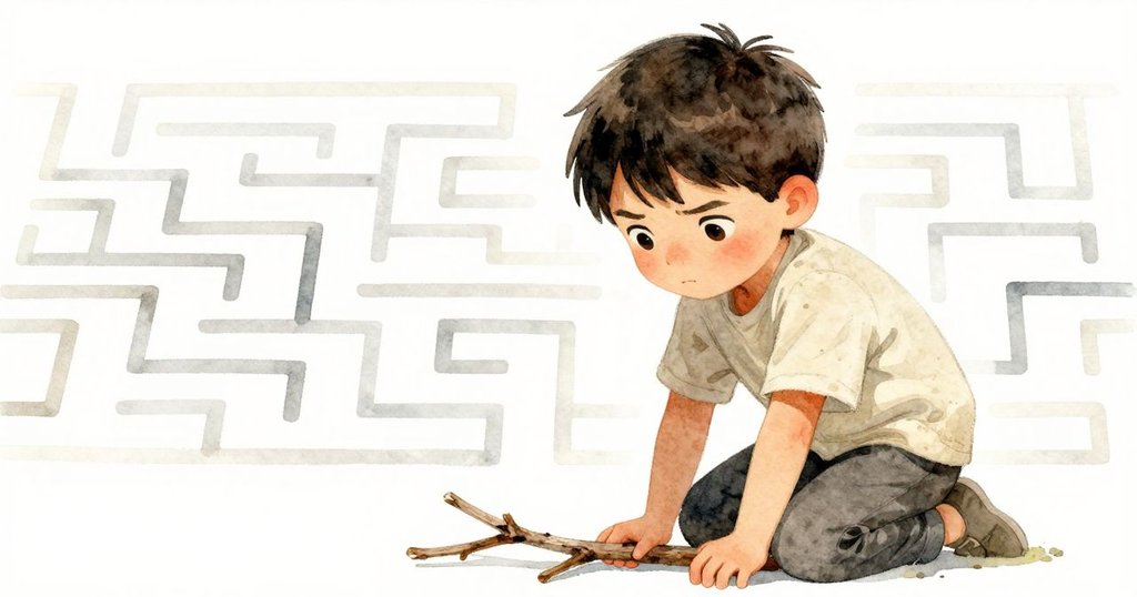 Rafael跪坐在迷宮中，手持彎枝，面部表情流露掙扎與決心，周圍環境柔和模糊，突顯內心糾結。